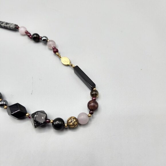 Stone Bead Necklace Rose Quartz Snowflake Obsidian Cloisonne Gradient 30" - Picture 6 of 13